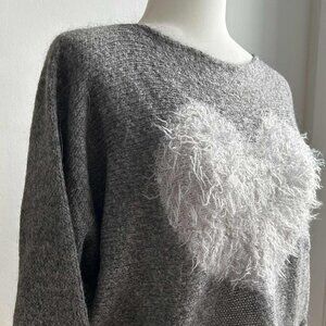 Liu Jo Heather Grey Mohair-Blend Plush Heart Sweater with Dolman Sleeves – EU M
